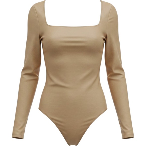 Babaton Tops - Babaton Contour Square Neck Long Sleeve One Piece Bodysuit Gold Tan Medium Satin